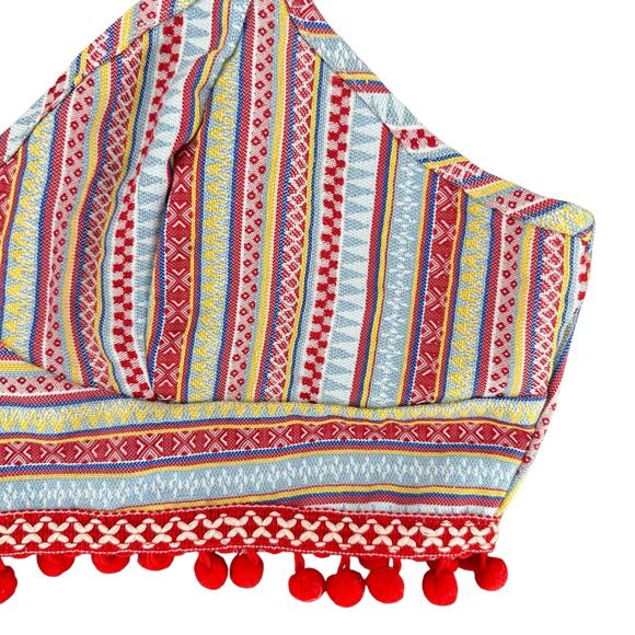 Boho Festival Red Crop Top Halter Adjustable Straps Pom Pom Fringe Zips Large - Picture 4 of 8